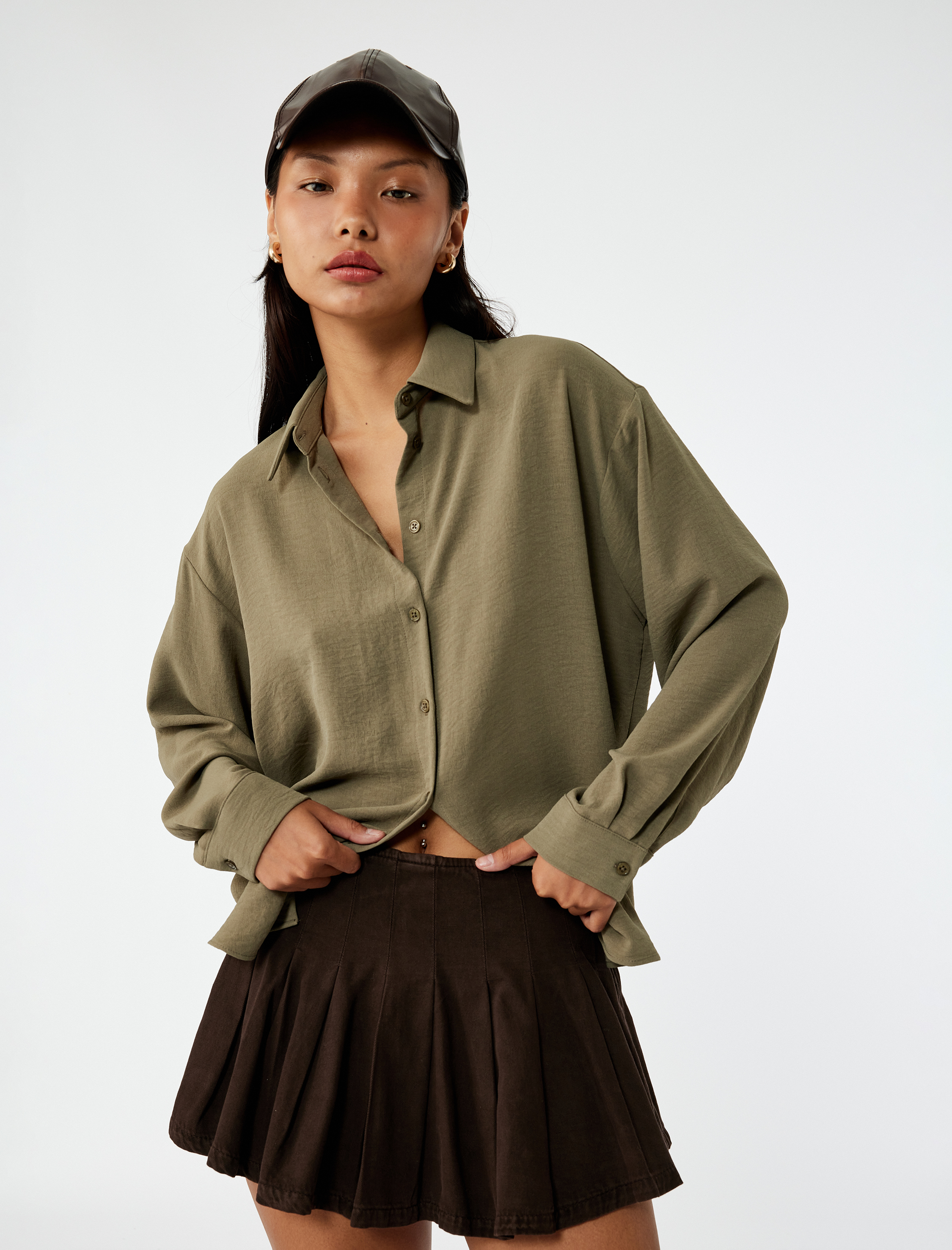   Aerobin Kumaş Düğmeli Klasik Yaka Uzun Kollu Oversize Gömlek