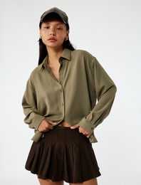 Aerobin Kumaş Düğmeli Klasik Yaka Uzun Kollu Oversize Gömlek