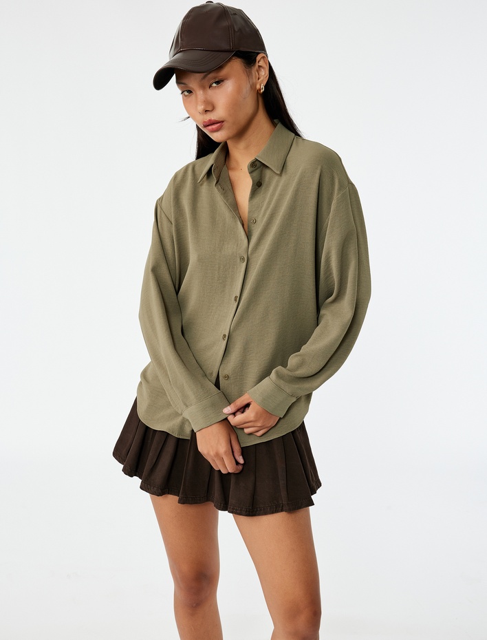  Aerobin Kumaş Düğmeli Klasik Yaka Uzun Kollu Oversize Gömlek