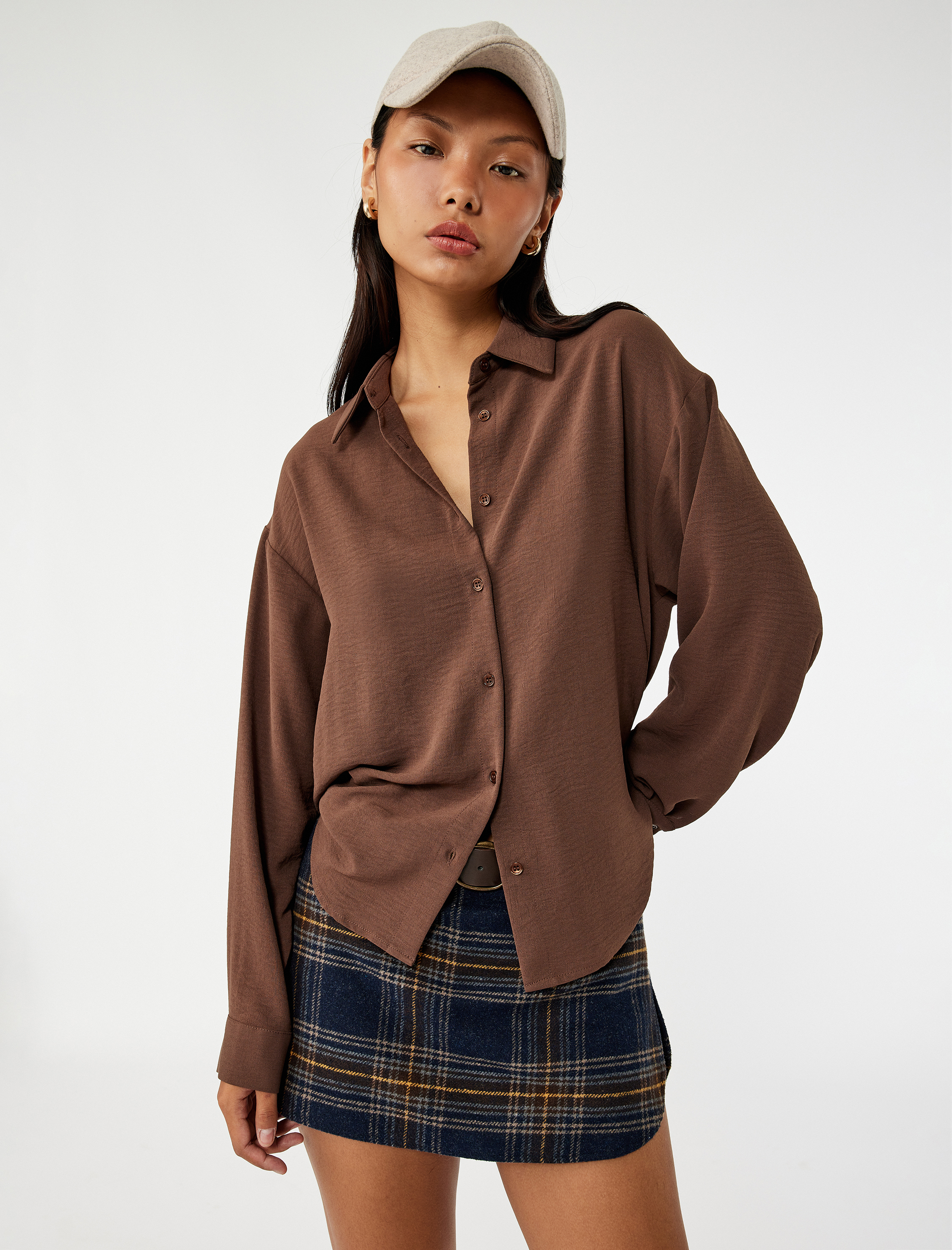   Aerobin Kumaş Düğmeli Klasik Yaka Uzun Kollu Oversize Gömlek