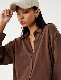 Aerobin Kumaş Düğmeli Klasik Yaka Uzun Kollu Oversize Gömlek