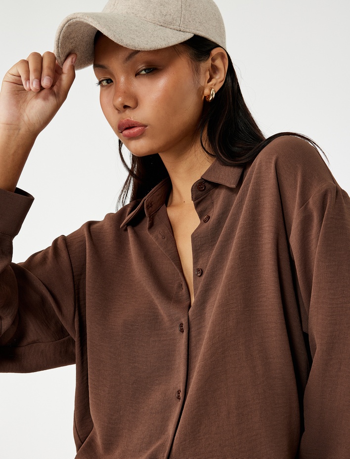  Aerobin Kumaş Düğmeli Klasik Yaka Uzun Kollu Oversize Gömlek