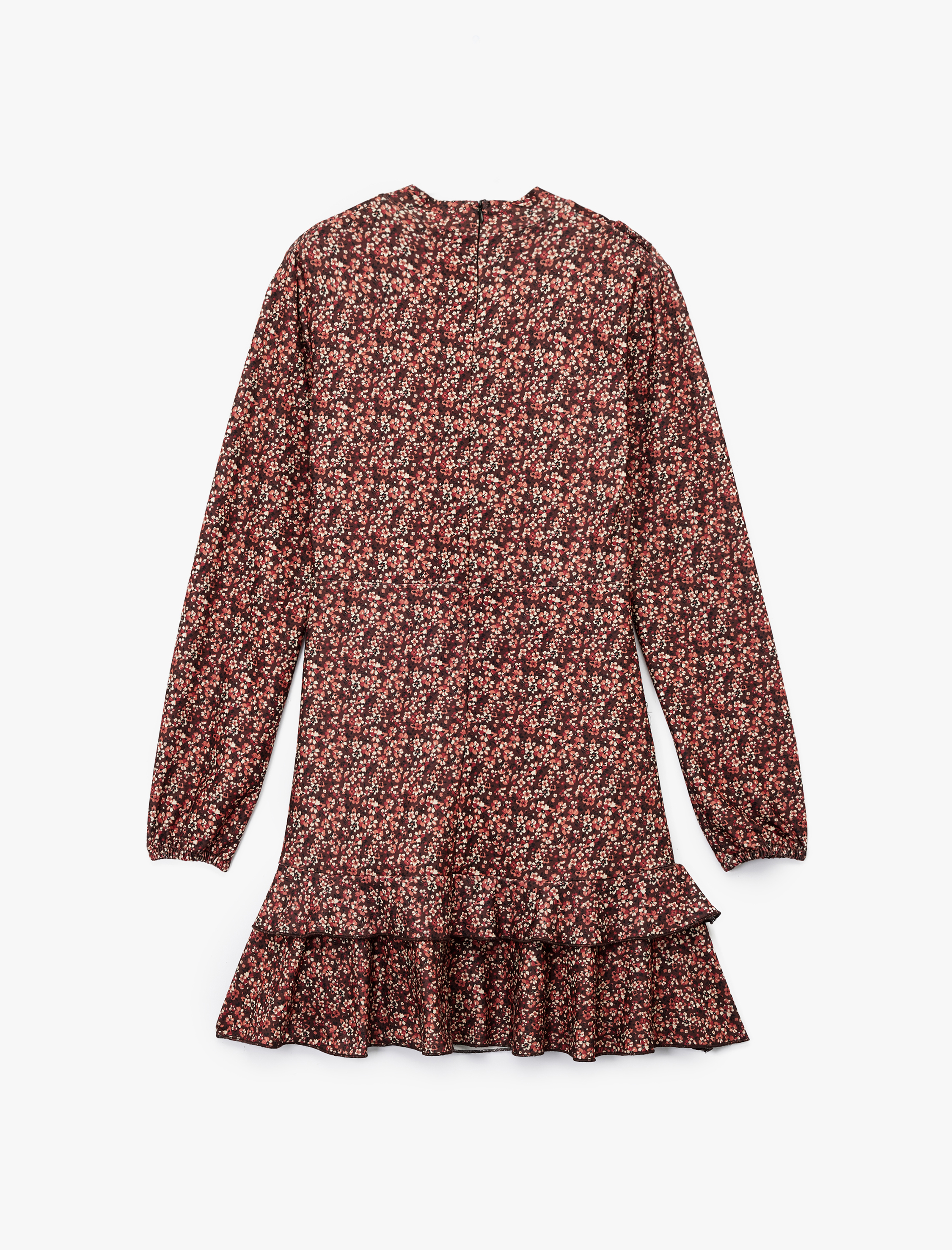   Slim Fit Fırfırlı Uzun Kollu Bisiklet Yaka Çiçekli Mini Elbise