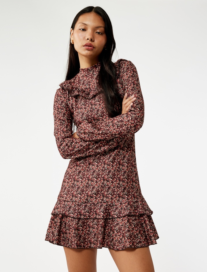  Slim Fit Fırfırlı Uzun Kollu Bisiklet Yaka Çiçekli Mini Elbise