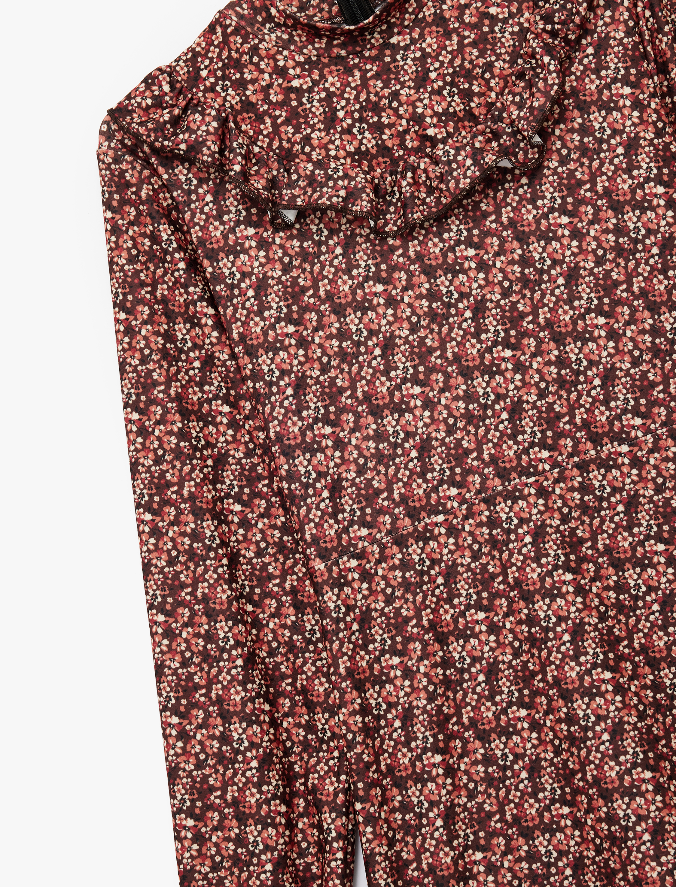   Slim Fit Fırfırlı Uzun Kollu Bisiklet Yaka Çiçekli Mini Elbise