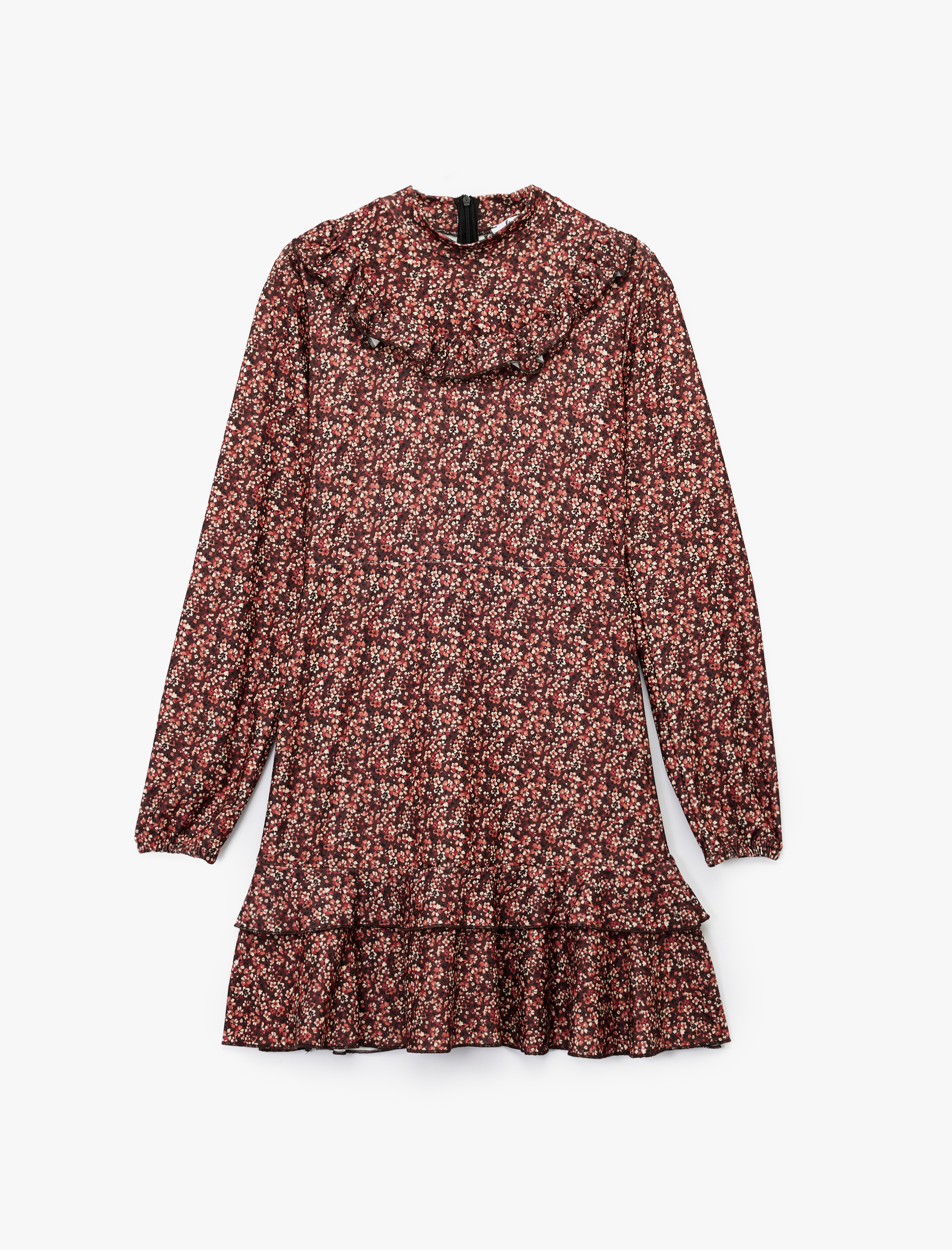   Slim Fit Fırfırlı Uzun Kollu Bisiklet Yaka Çiçekli Mini Elbise