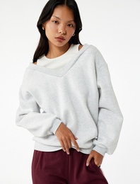 Rahat Kesim Çift Yaka Şardonlu Uzun Kollu Sweatshirt