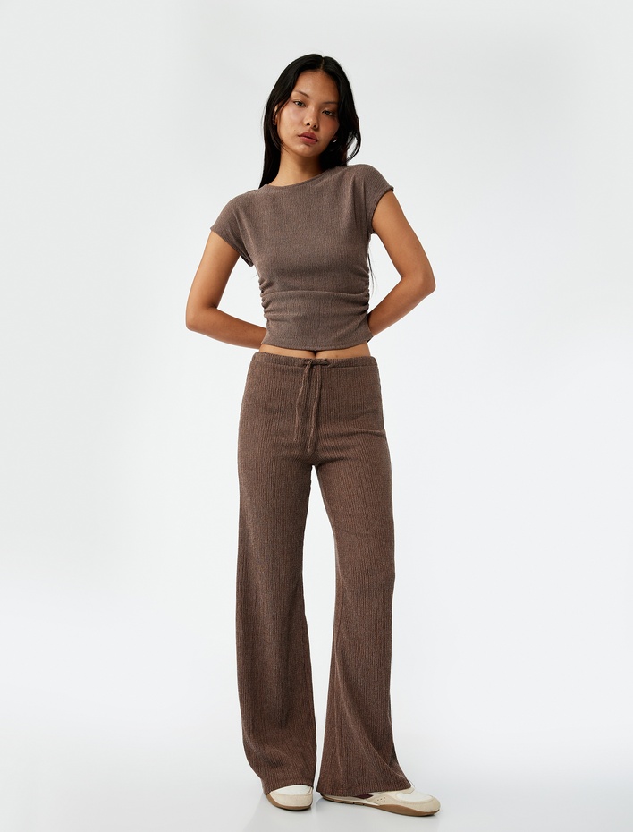  Yüksek Bel Rahat Kalıp Bürümcük Viskon Karışımlı Beli Bağcıklı Geniş Paça Pantolon