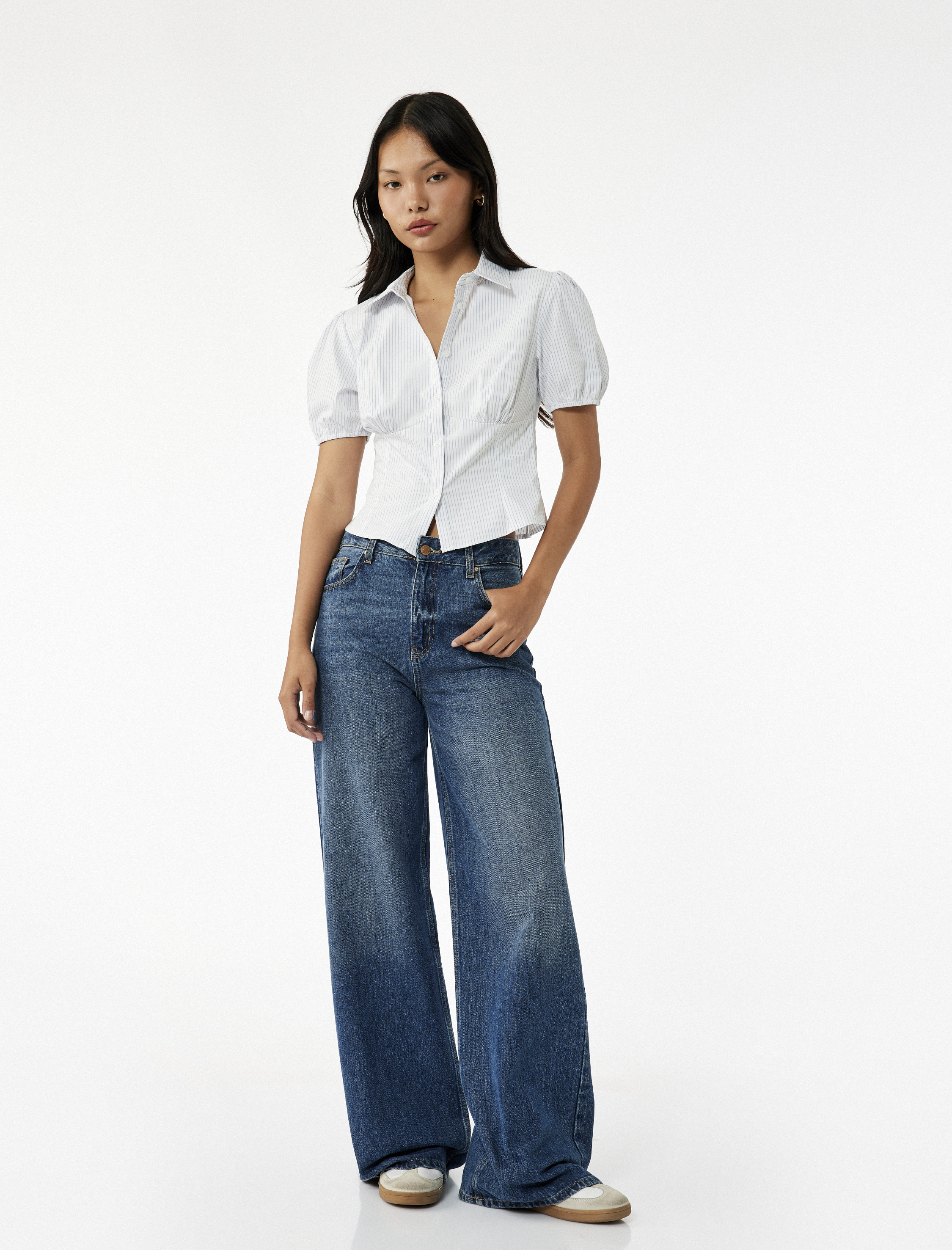   Pamuklu Klasik Yaka Kısa Kollu Düğmeli Balon Kollu Poplin Crop Gömlek