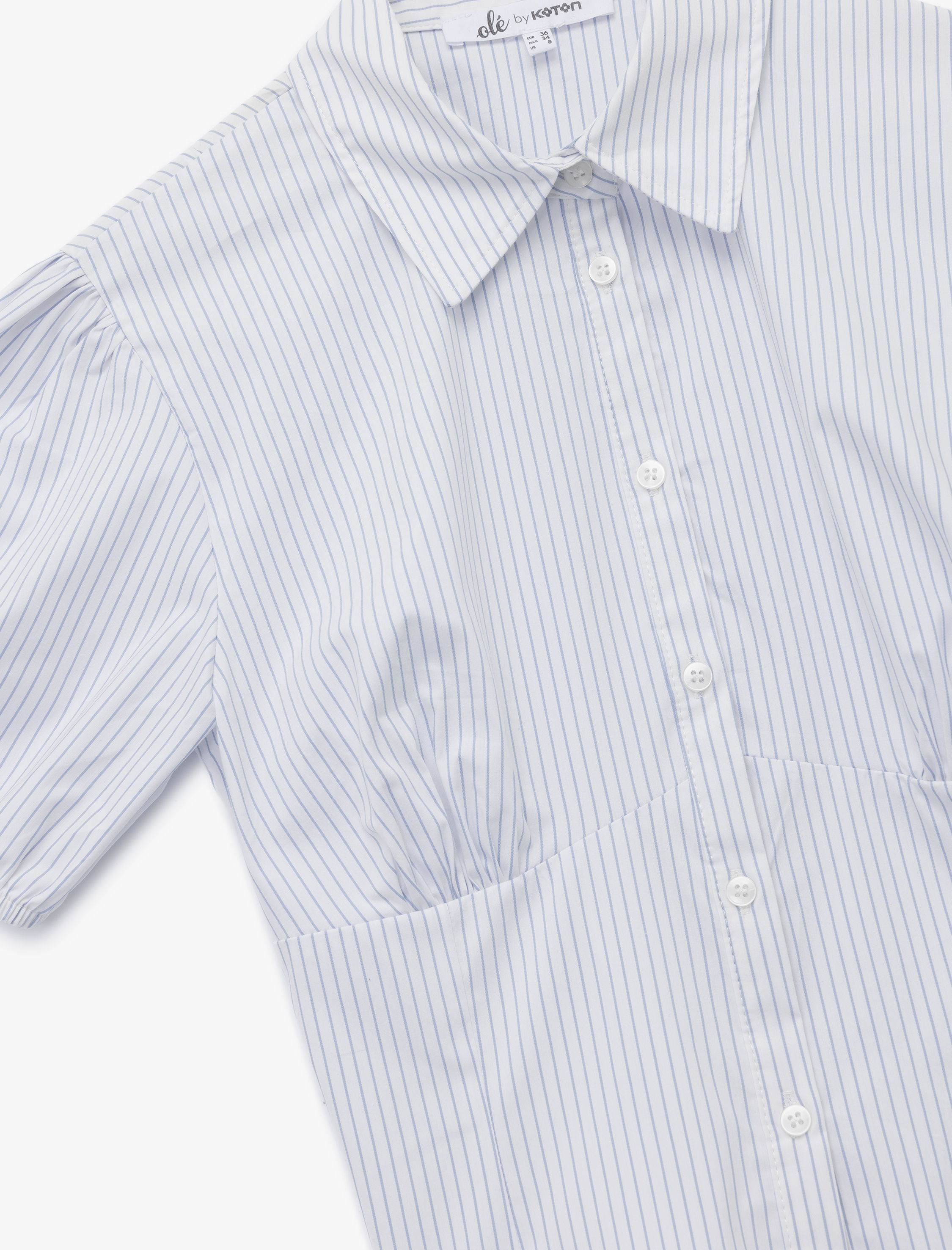   Pamuklu Klasik Yaka Kısa Kollu Düğmeli Balon Kollu Poplin Crop Gömlek