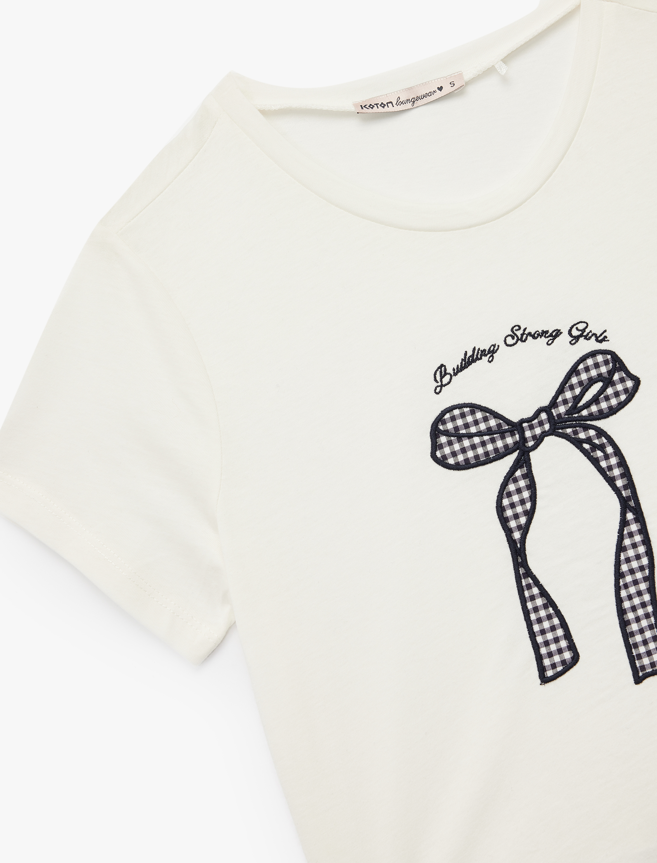   Pamuklu Kısa Kollu Bisiklet Yaka Fiyonk İşleme Detaylı Pijama Üstü