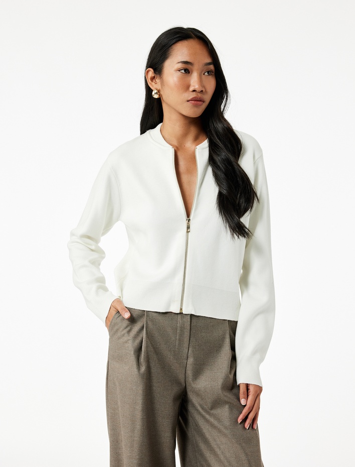  Kolej Yaka Uzun Kollu Fermuarlı Triko Hırka