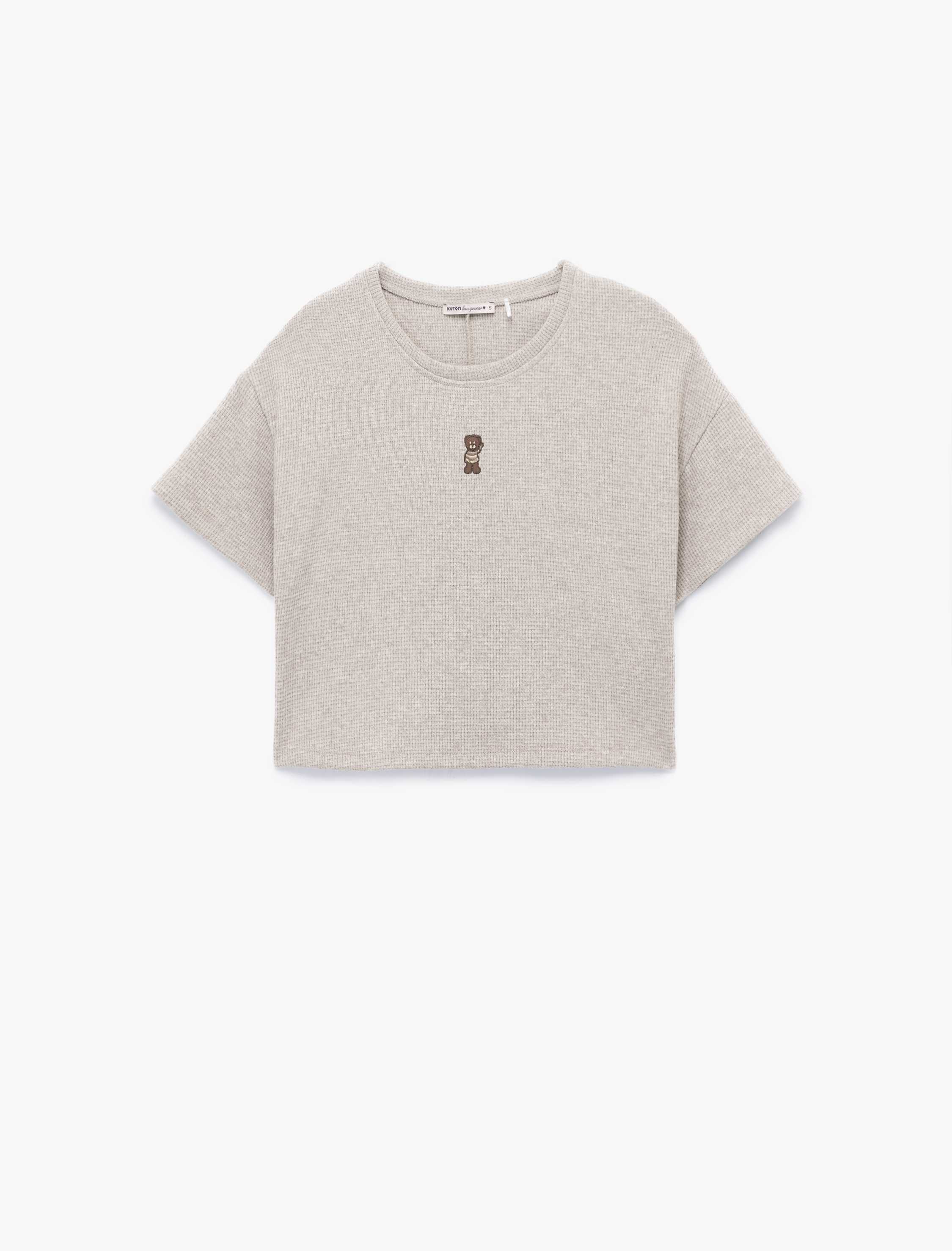   Kısa Kollu Bisiklet Yaka Ayıcık İşleme Detaylı Crop Pijama Üstü