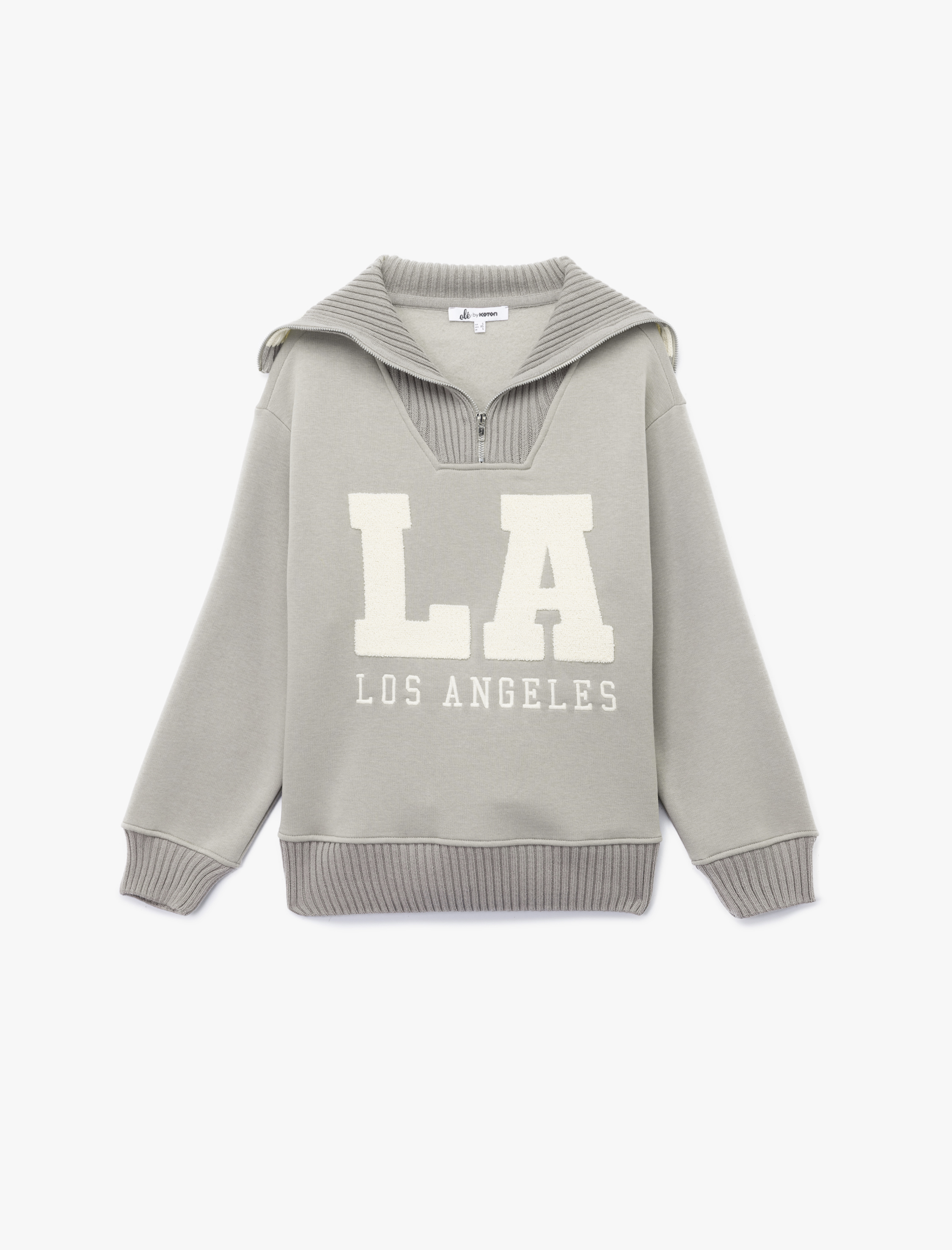   Şardonlu Uzun Kollu Yarım Fermuarlı Ayıcık Nakışlı Oversize Sweatshirt