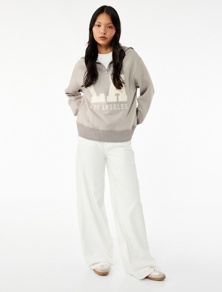  Şardonlu Uzun Kollu Yarım Fermuarlı Ayıcık Nakışlı Oversize Sweatshirt