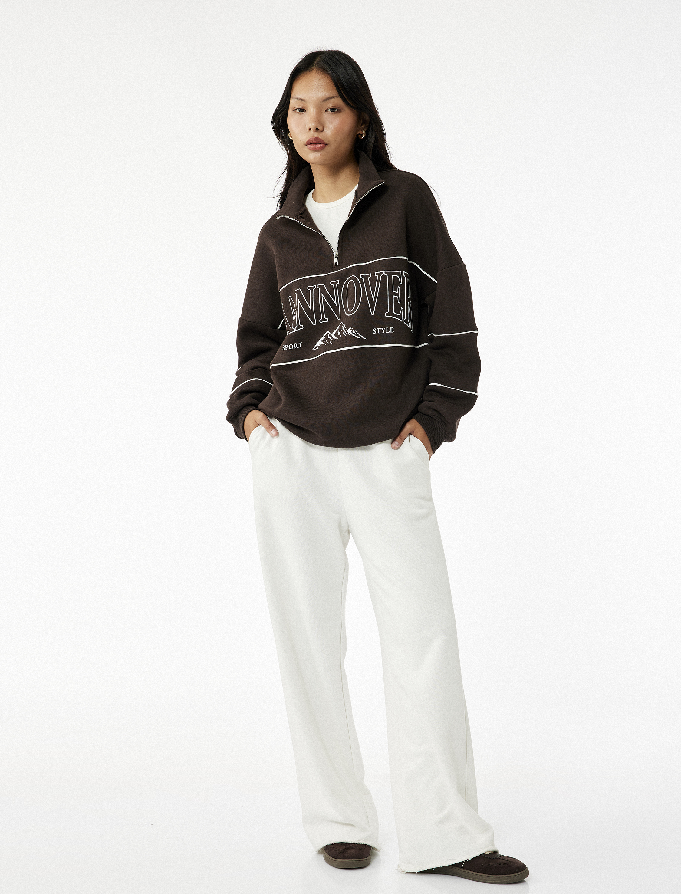   Oversize Uzun Kollu Fermuarlı Yaka Şardonlu Sweatshirt