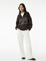 Oversize Uzun Kollu Fermuarlı Yaka Şardonlu Sweatshirt