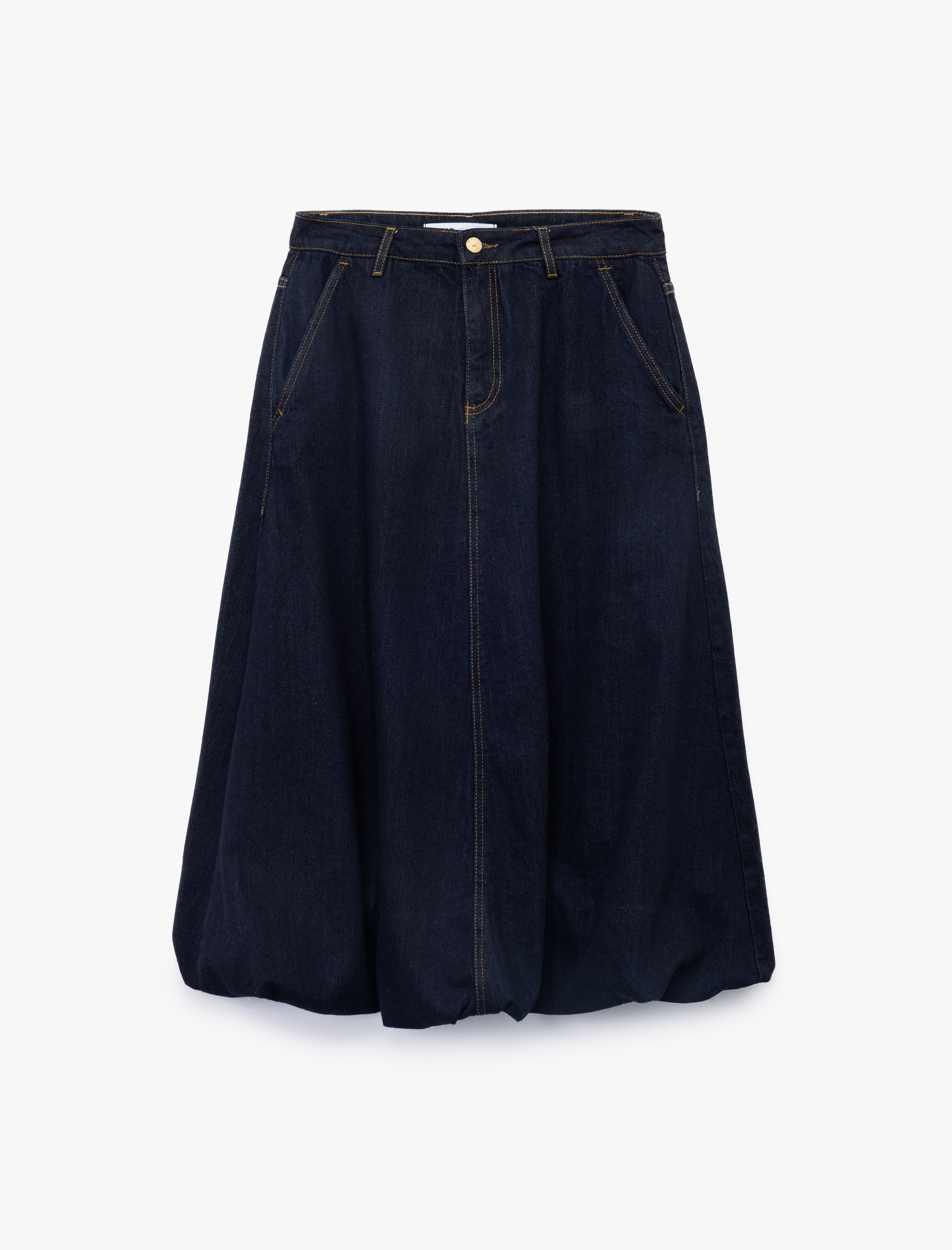   Pamuklu Cep Detaylı Midi Balon Denim Etek