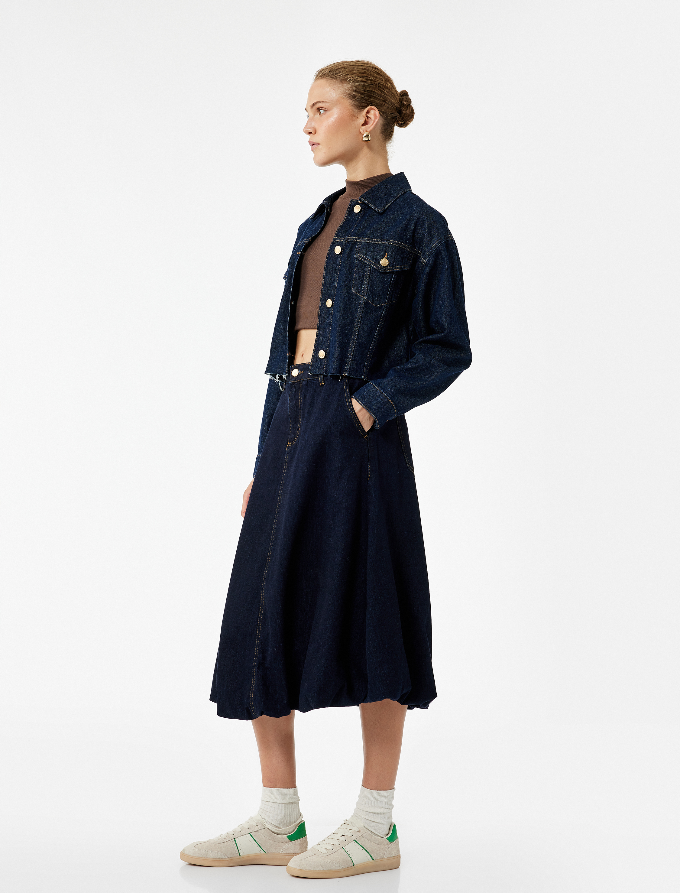   Pamuklu Cep Detaylı Midi Balon Denim Etek