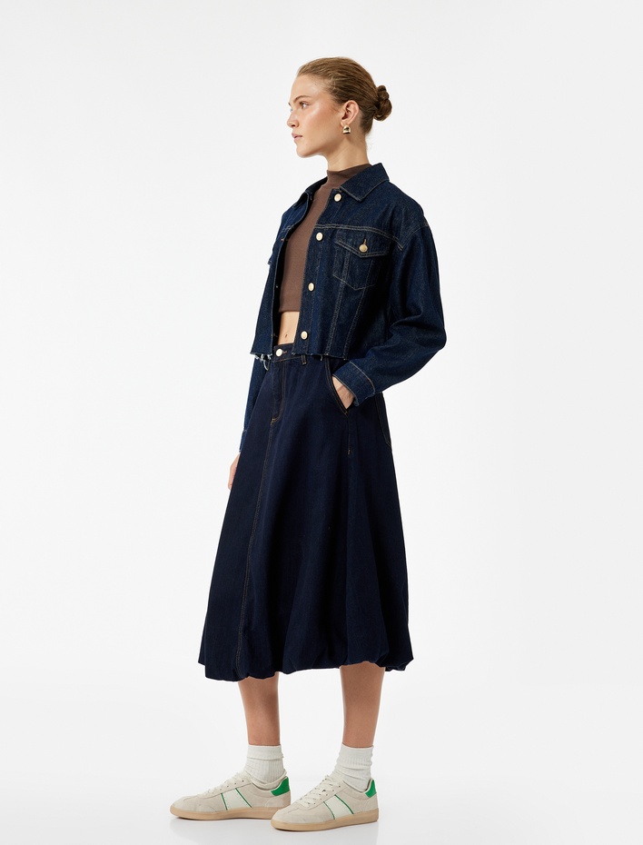  Pamuklu Cep Detaylı Midi Balon Denim Etek