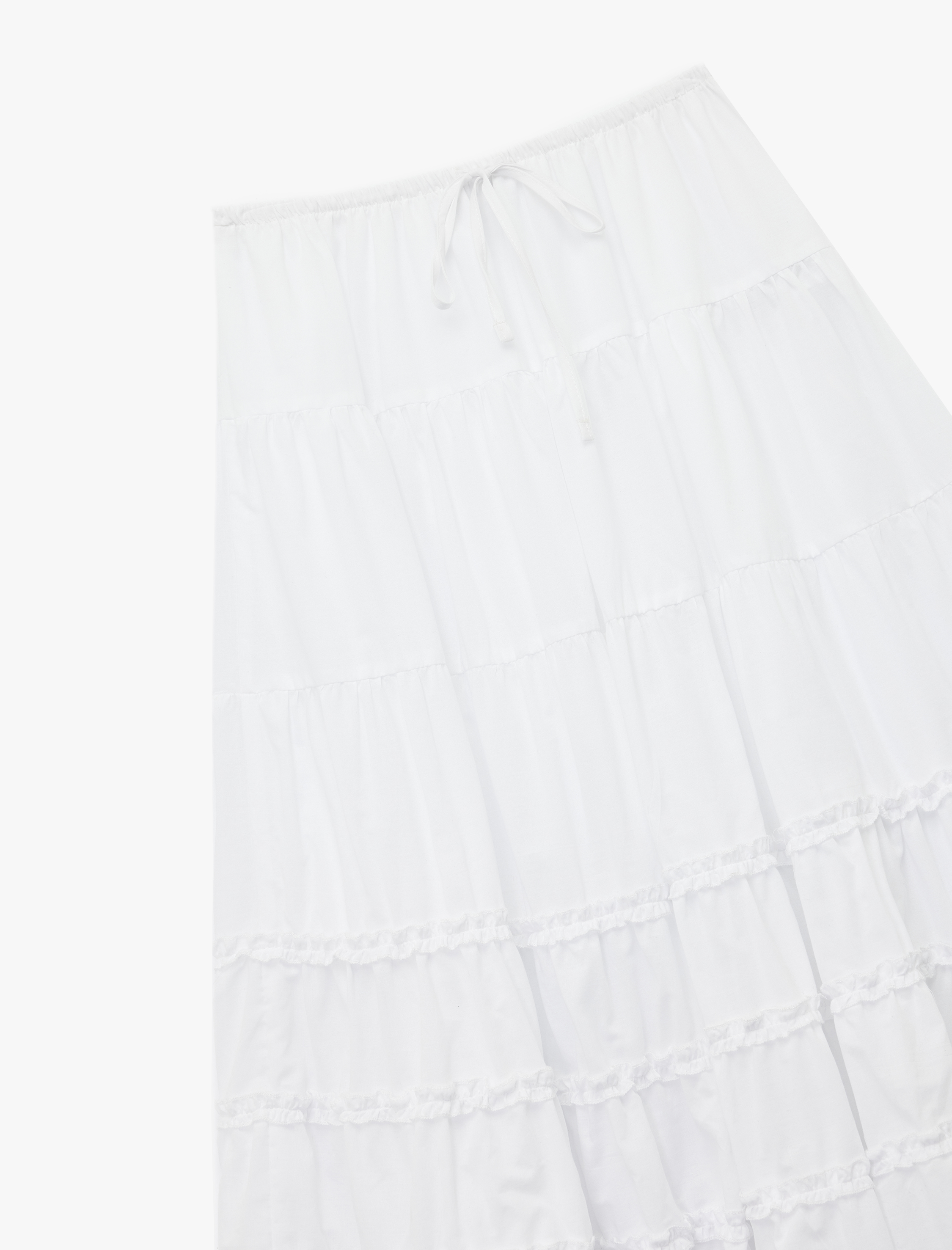   Pamuklu Fırfır Detaylı Katlı Beli Bağcıklı Uzun Etek