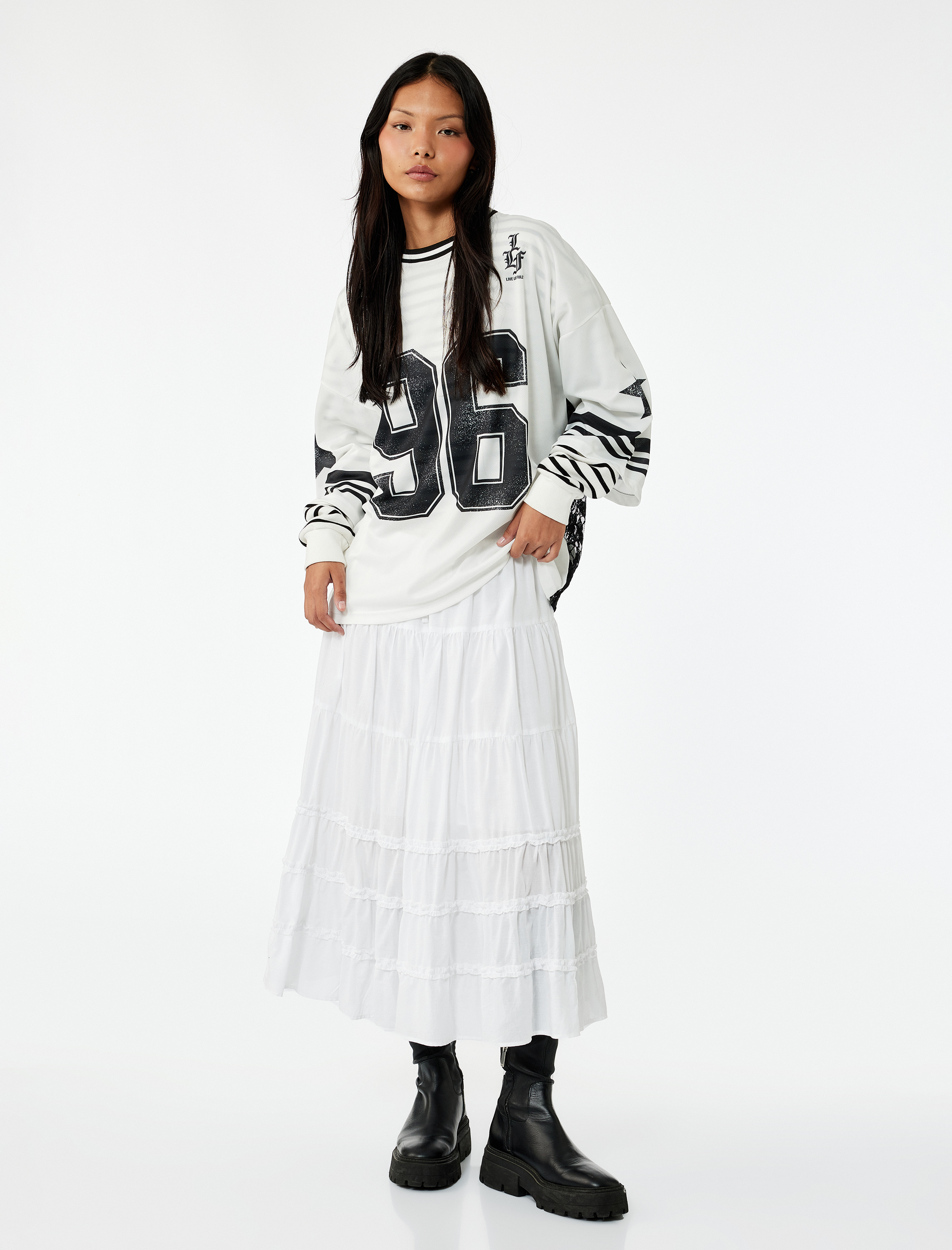   Pamuklu Fırfır Detaylı Katlı Beli Bağcıklı Uzun Etek