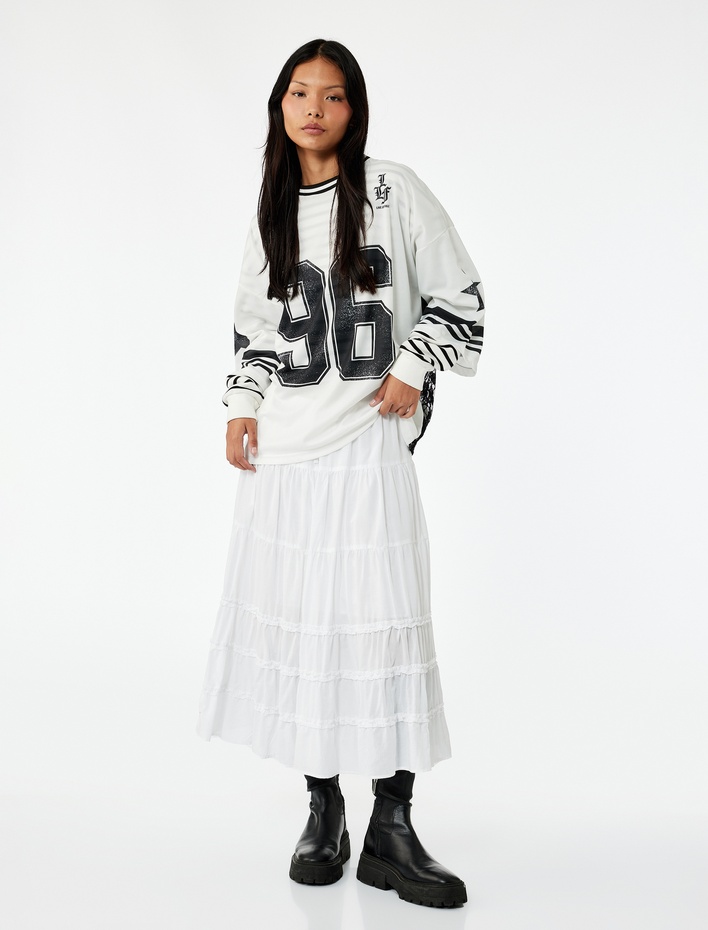  Pamuklu Fırfır Detaylı Katlı Beli Bağcıklı Uzun Etek