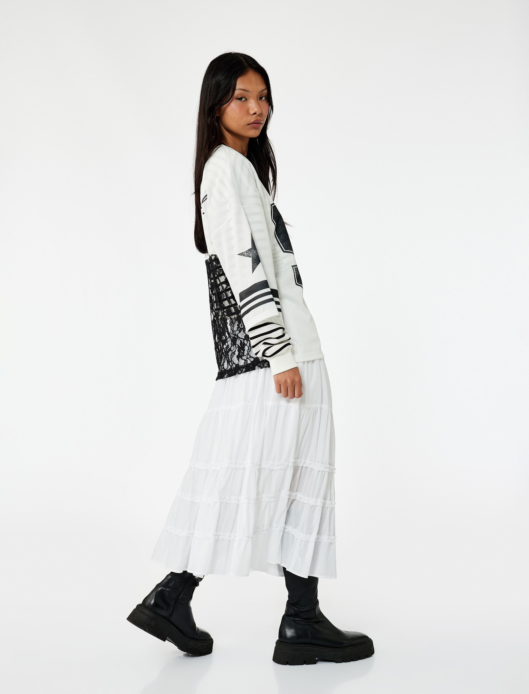   Pamuklu Fırfır Detaylı Katlı Beli Bağcıklı Uzun Etek