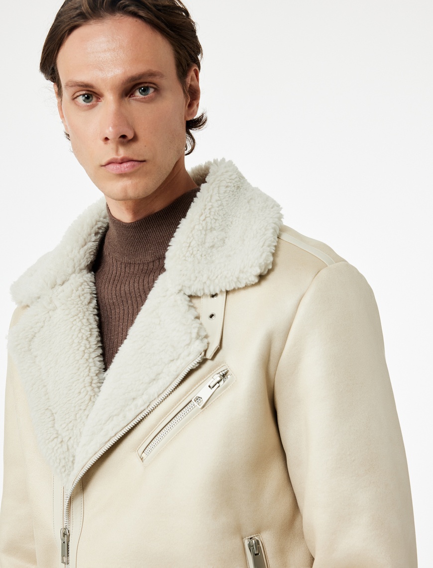Koton Erkek Fermuarlı Cep Detaylı Slim Fit Peluş Yaka Kışlık Suni Deri Ceket