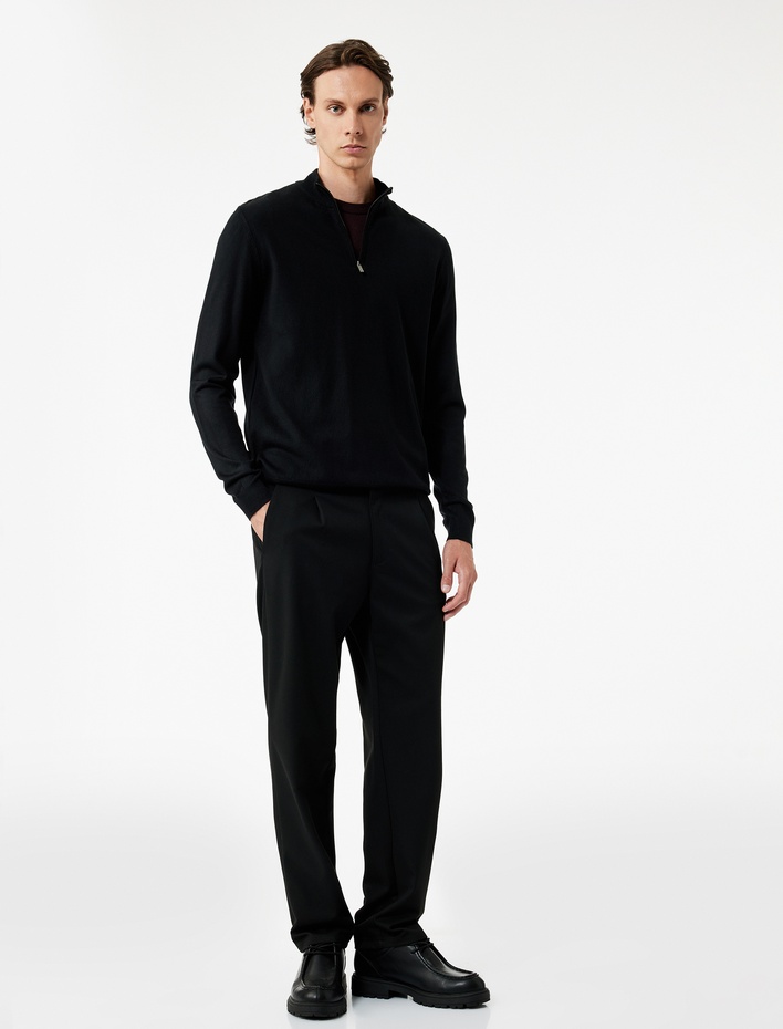  Uzun Kollu Yarım Fermuarlı Triko Kazak