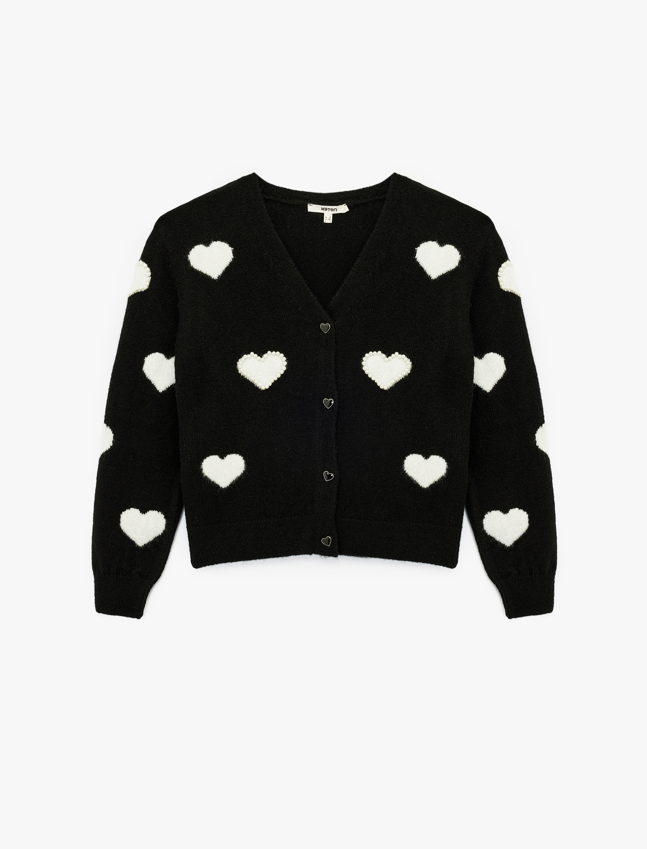   Uzun Kollu Düğmeli Boncuk İşlemeli V Yaka Kalpli Triko Hırka