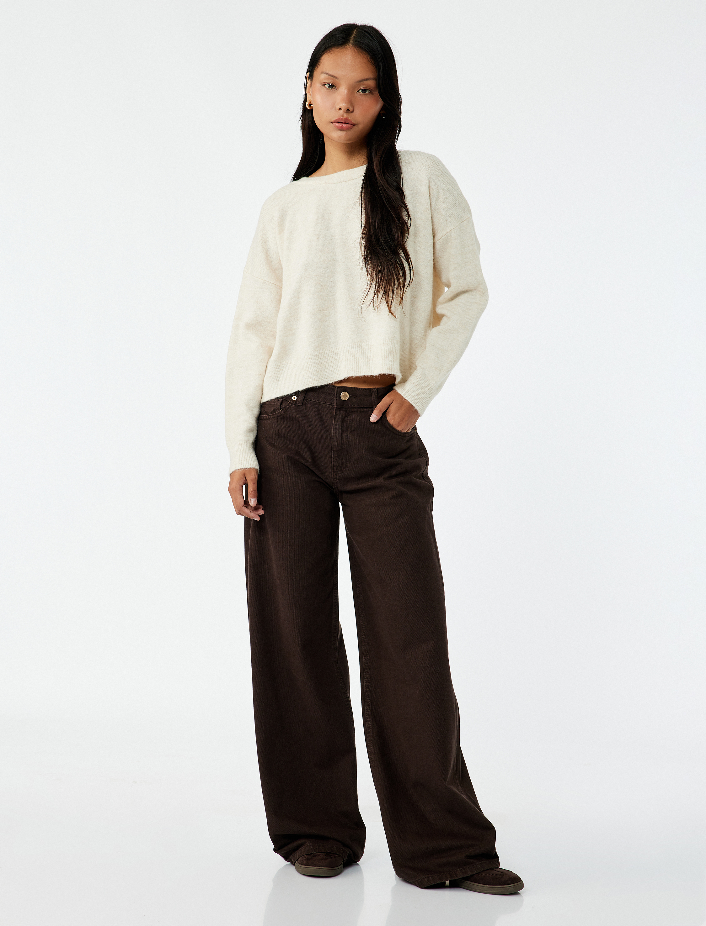   Uzun Kollu Bisiklet Yaka Arkası Fiyonk Detaylı Triko Kazak