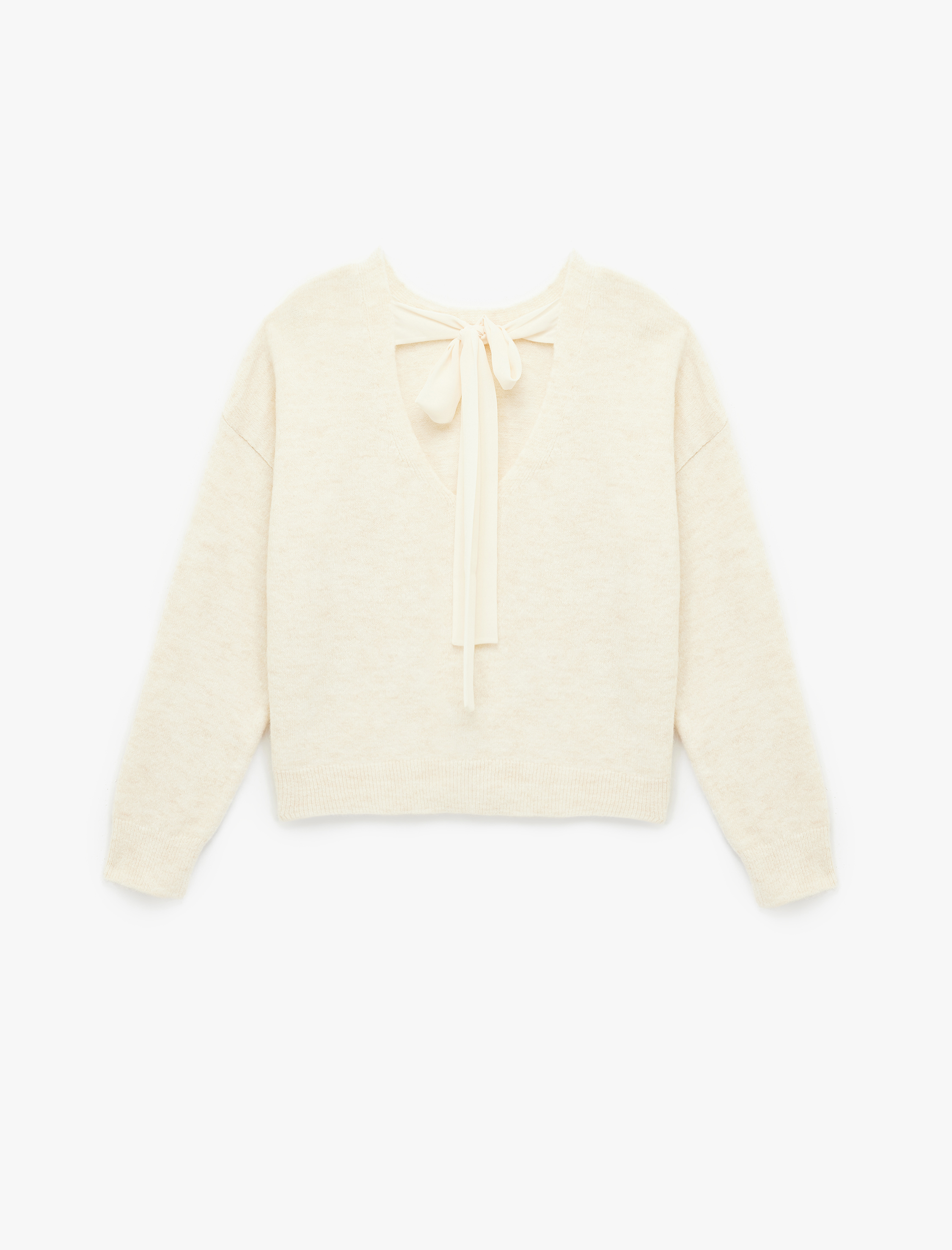   Uzun Kollu Bisiklet Yaka Arkası Fiyonk Detaylı Triko Kazak