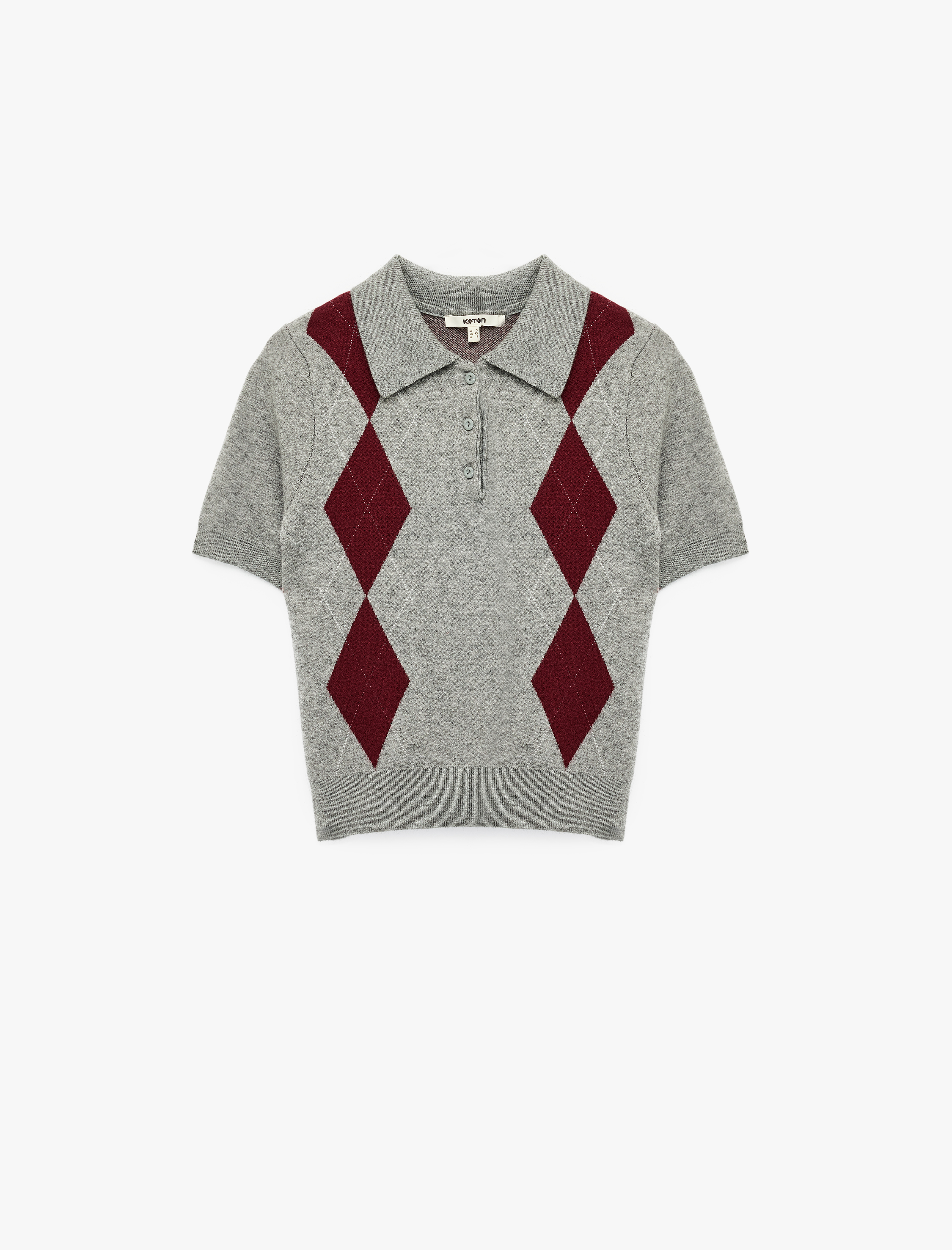   Düğmeli Baklava Desenli Kısa Kollu Triko Polo Yaka Kazak