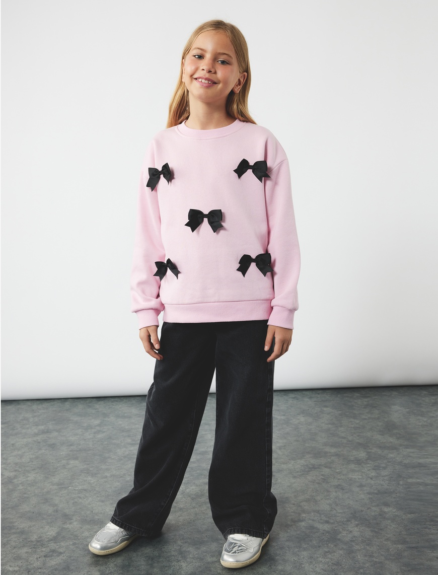  Kız Çocuk Fiyonklu Bisiklet Yaka Şardonlu Uzun Kollu Sweatshirt