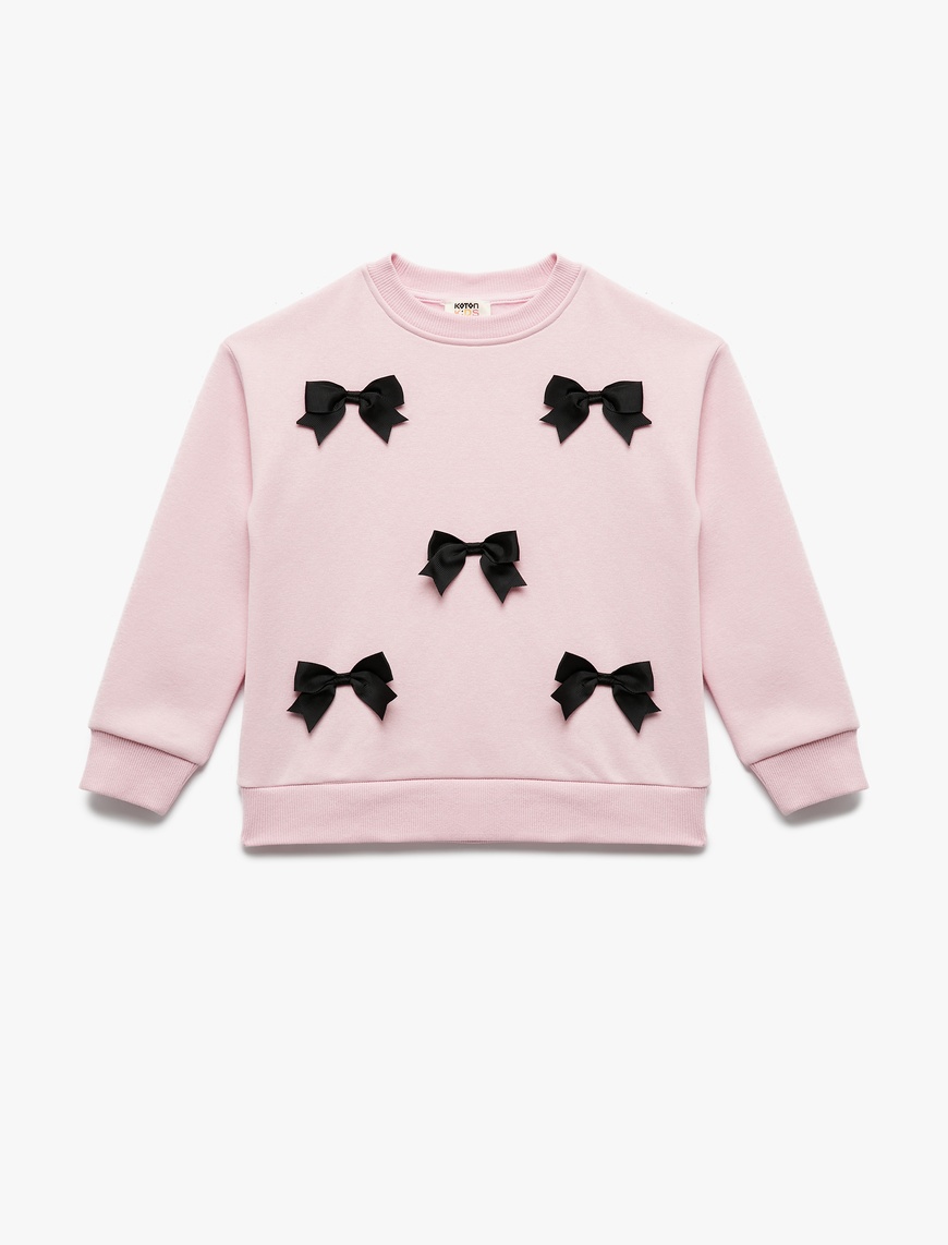  Kız Çocuk Fiyonklu Bisiklet Yaka Şardonlu Uzun Kollu Sweatshirt