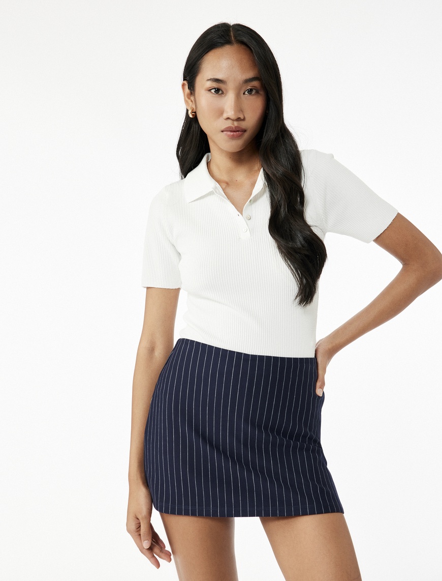 MKS♡ Ekru Kadın Yarım Düğmeli Kısa Kollu Triko Polo Yaka Kazak