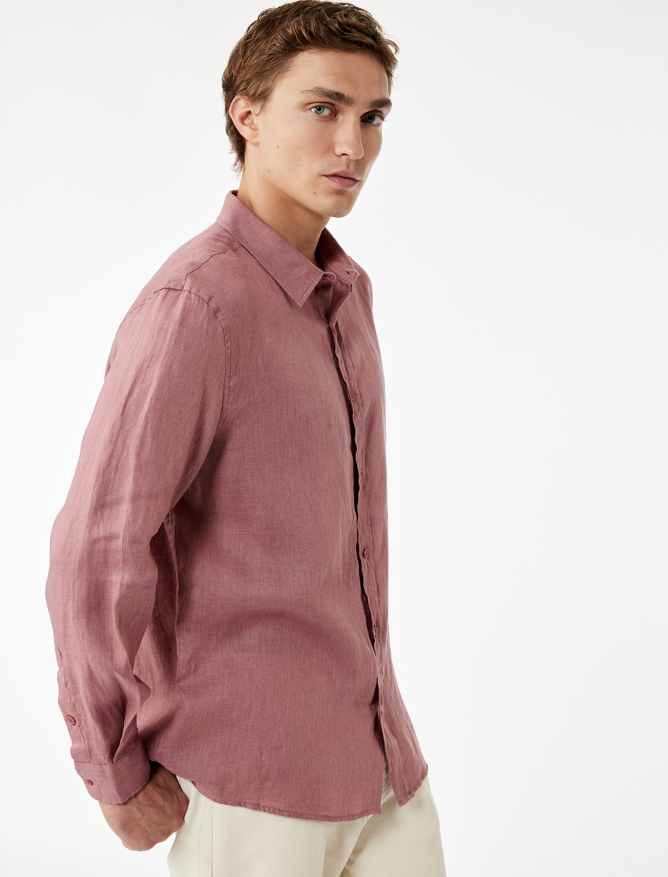   Regular Fit Klasik Yaka Uzun Kollu Keten Gömlek