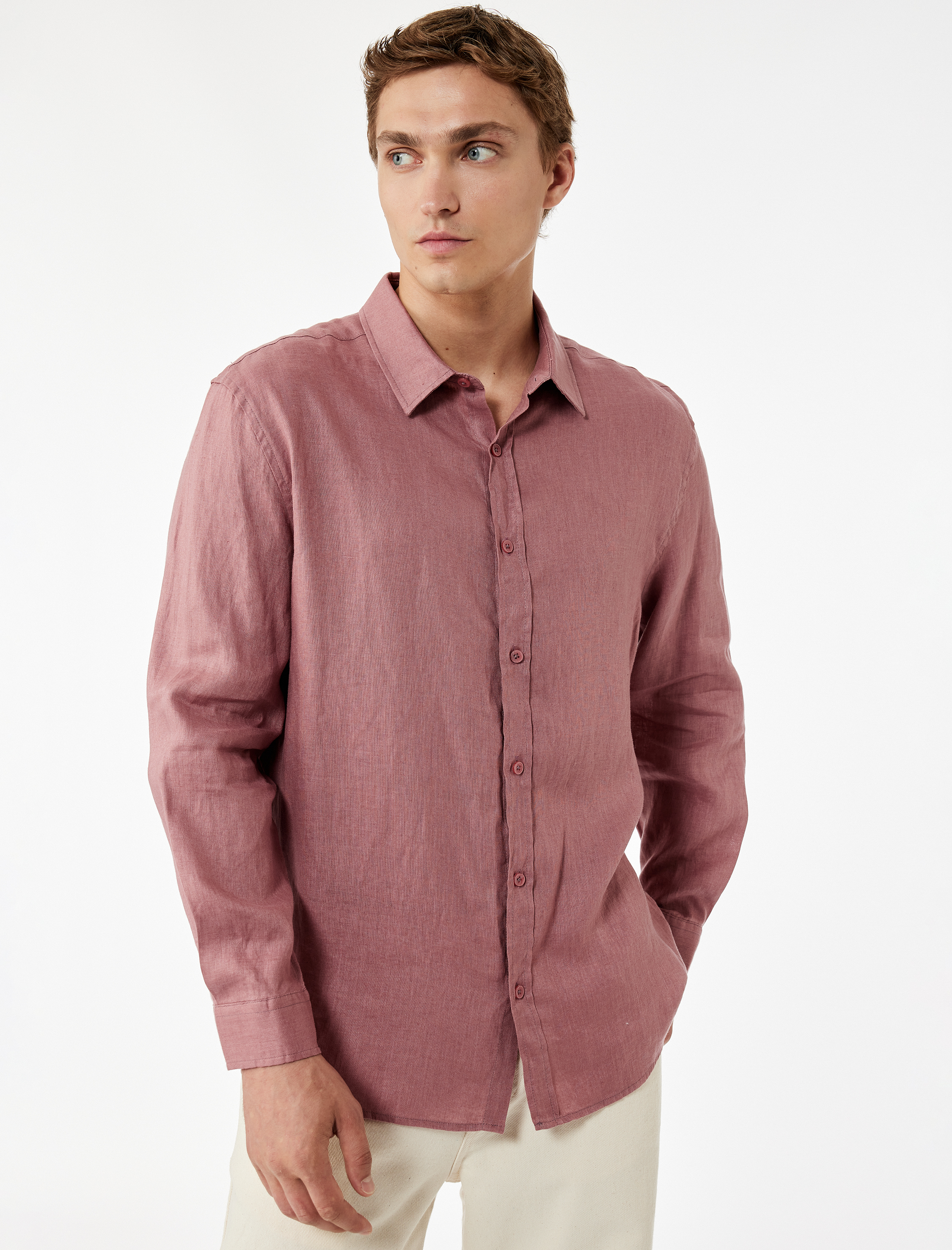   Regular Fit Klasik Yaka Uzun Kollu Keten Gömlek