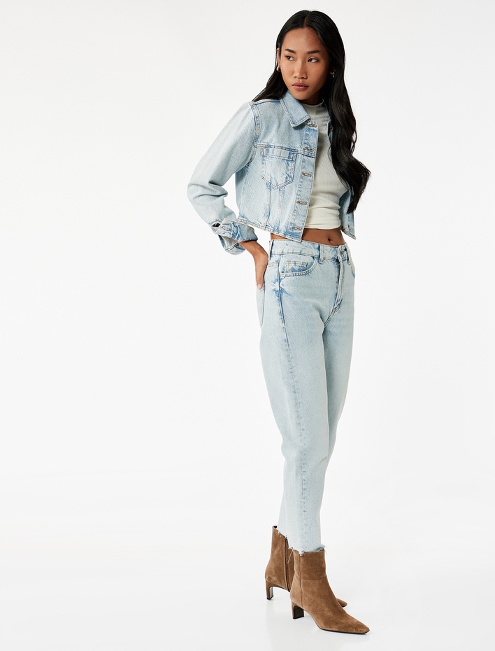  Pamuklu Slim Fit Yüksek Bel Mom Jean Pantolon - Mom Slim Jean