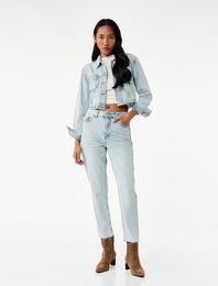 Pamuklu Slim Fit Yüksek Bel Mom Jean Pantolon - Mom Slim Jean