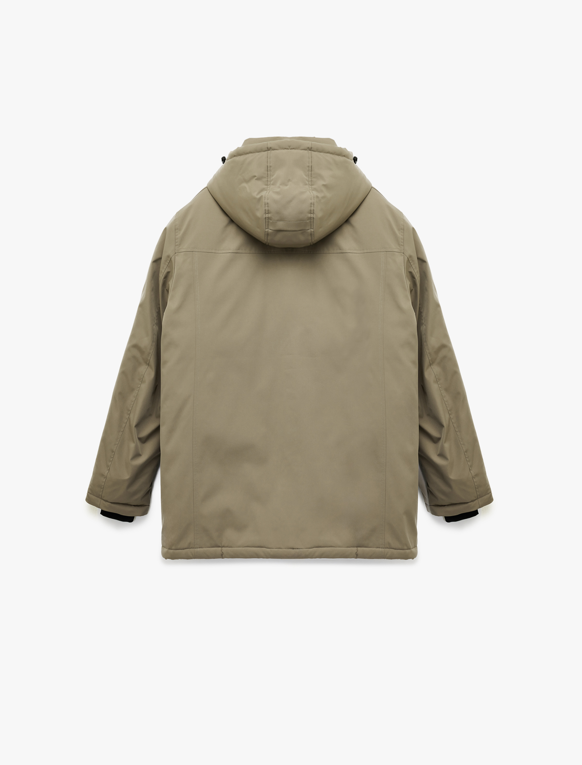   Uzun Kollu Kapaklı Cep Detaylı Fermuarlı Kapüşonlu Parka