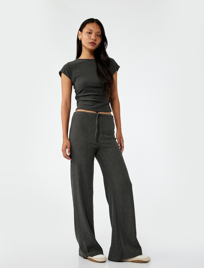  Yüksek Bel Rahat Kalıp Bürümcük Viskon Karışımlı Beli Bağcıklı Geniş Paça Pantolon