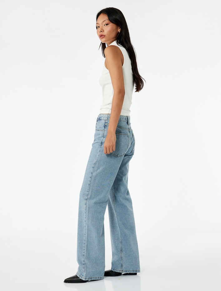  Pamuklu Düğmeli Düz Paça Taş Detaylı Jean Pantolon - Straight Fit Jean