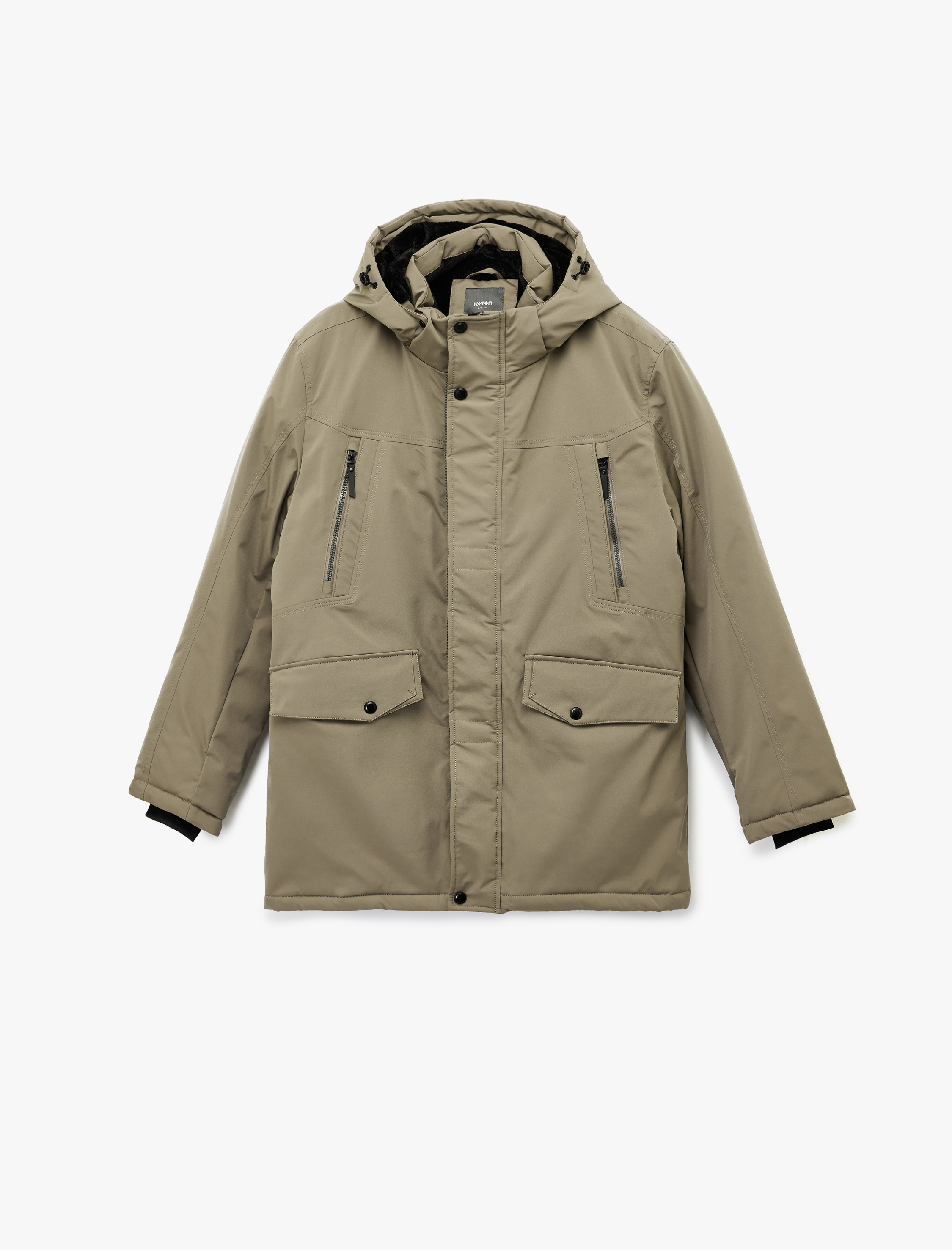   Uzun Kollu Kapaklı Cep Detaylı Fermuarlı Kapüşonlu Parka