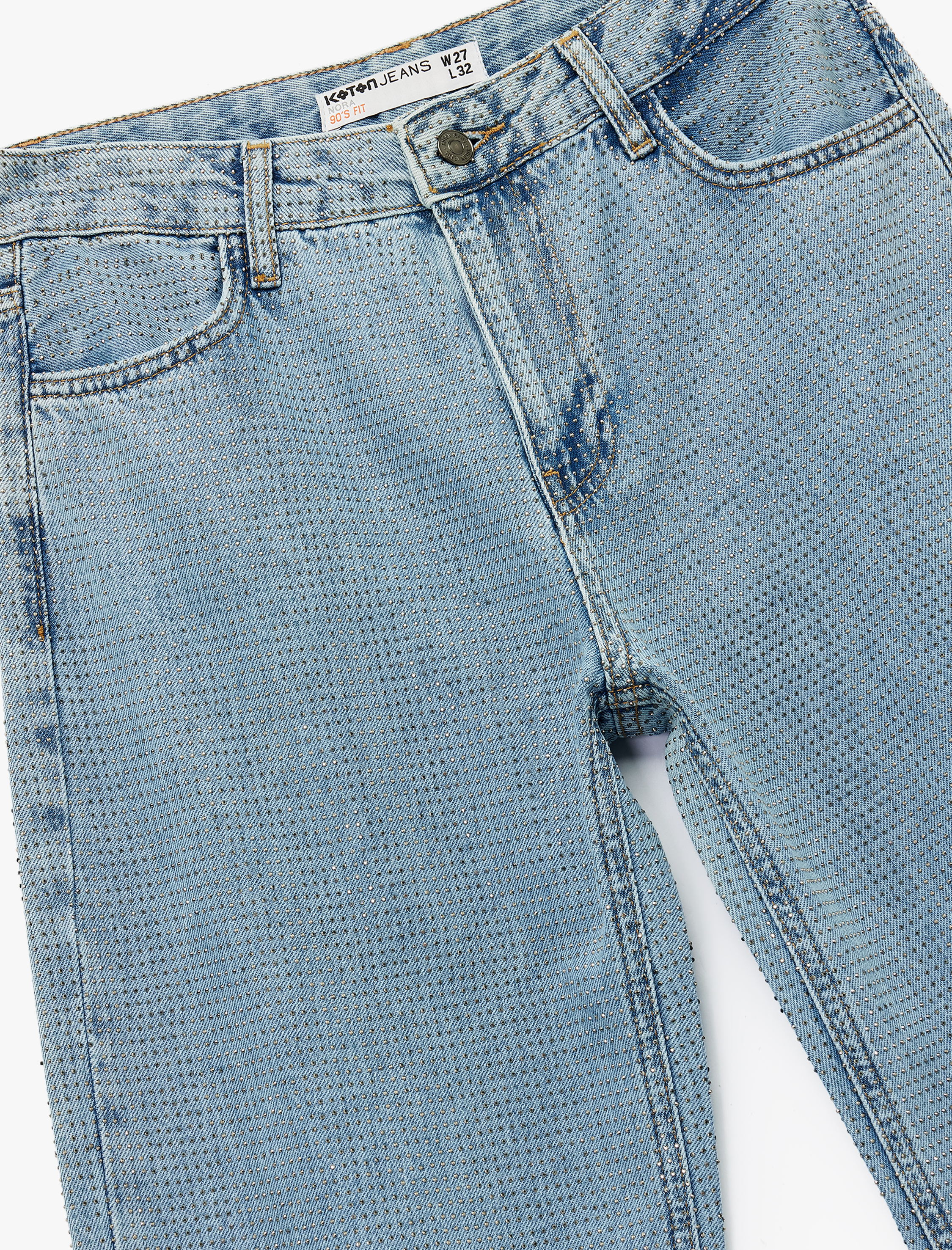   Pamuklu Düğmeli Düz Paça Taş Detaylı Jean Pantolon - Straight Fit Jean