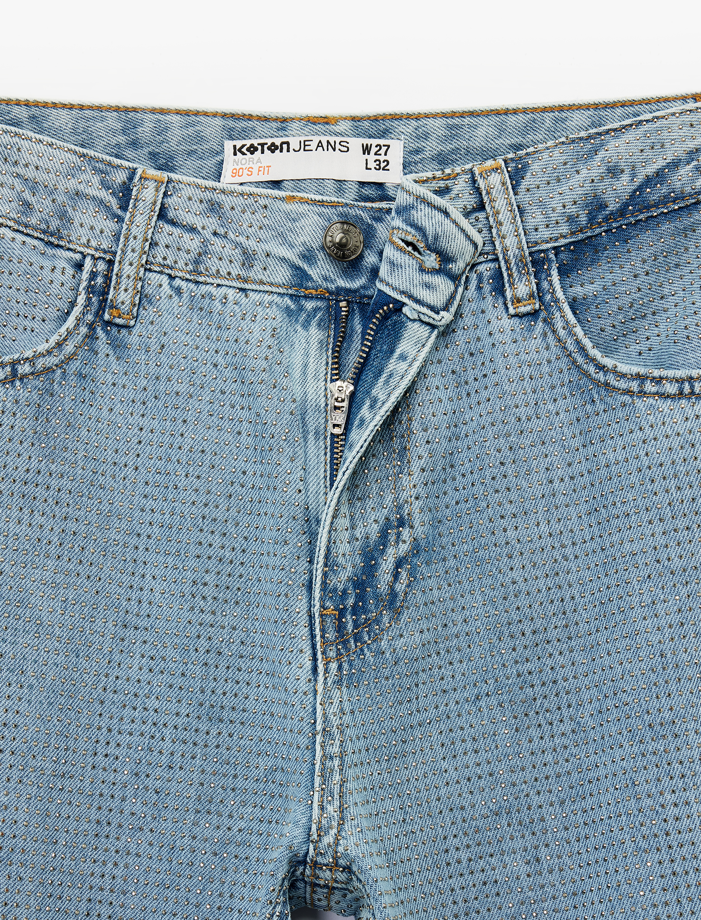   Pamuklu Düğmeli Düz Paça Taş Detaylı Jean Pantolon - Straight Fit Jean