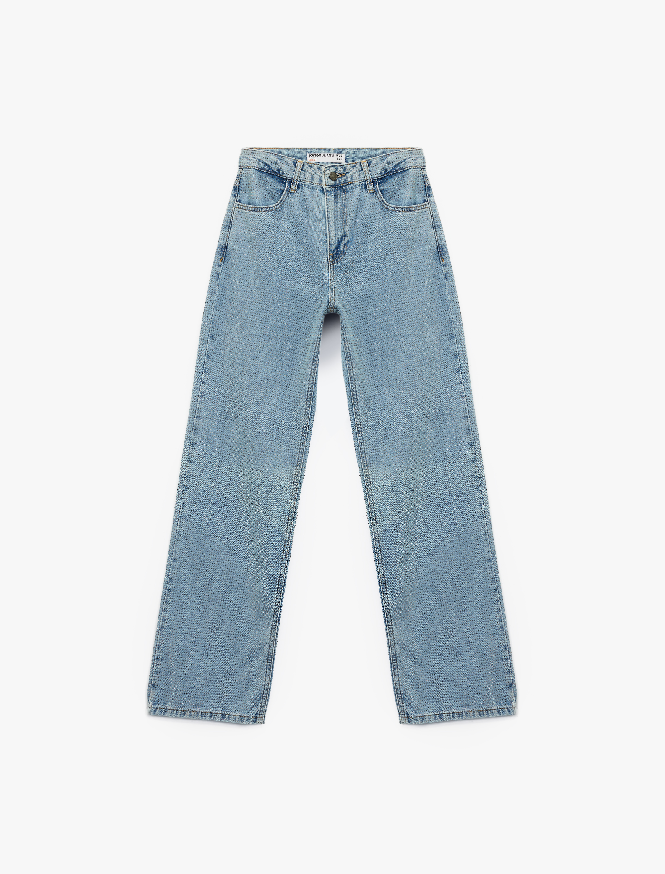   Pamuklu Düğmeli Düz Paça Taş Detaylı Jean Pantolon - Straight Fit Jean