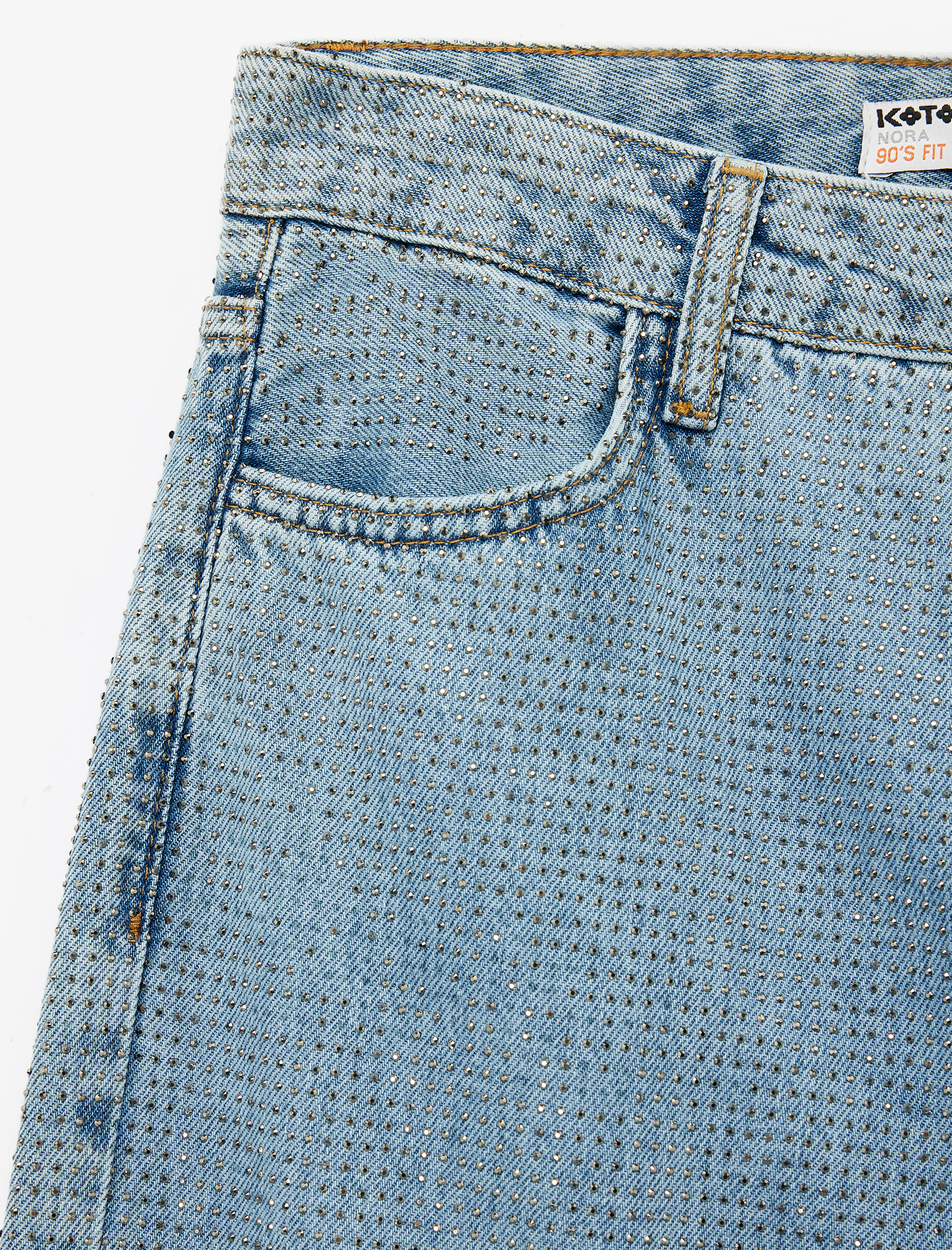  Pamuklu Düğmeli Düz Paça Taş Detaylı Jean Pantolon - Straight Fit Jean