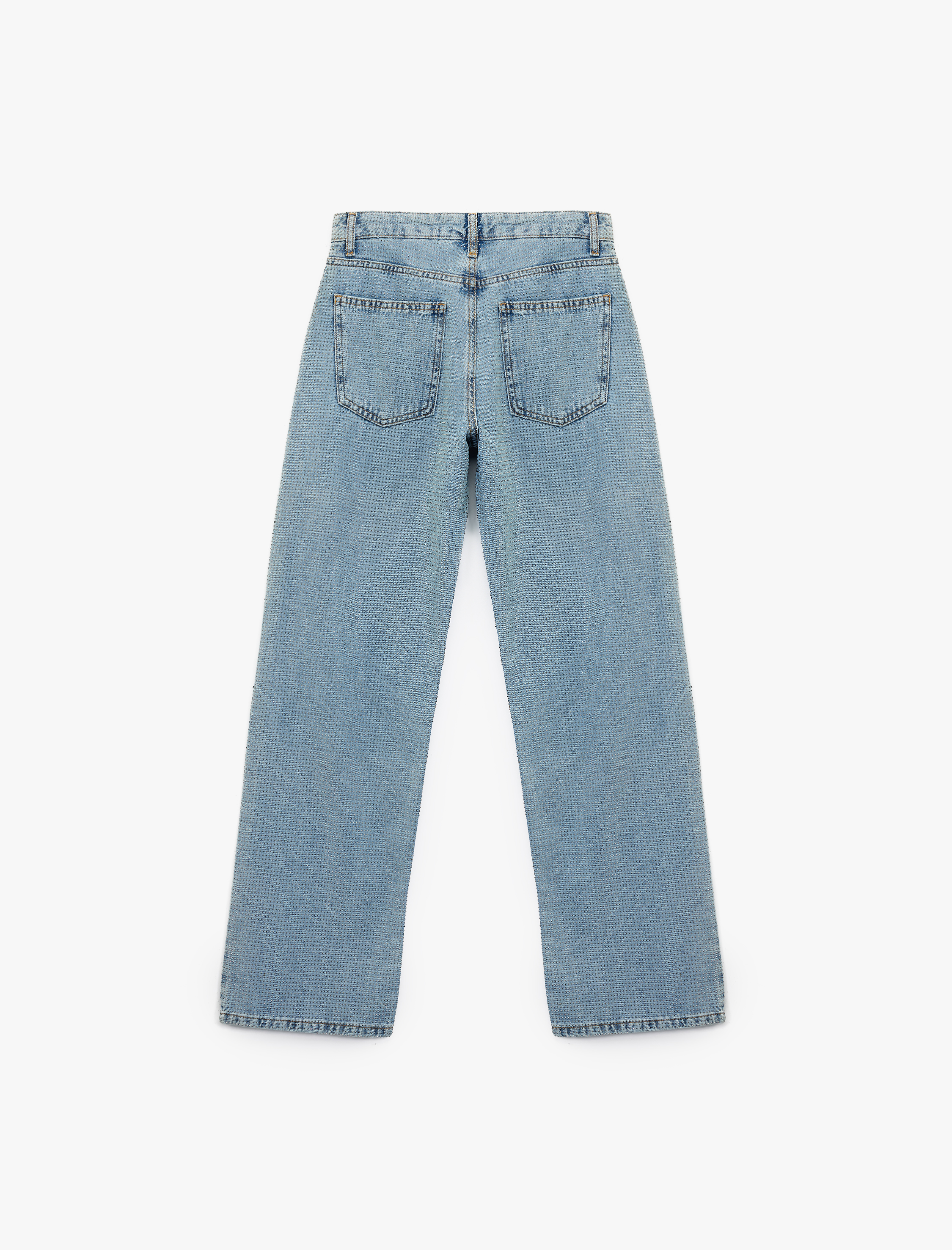   Pamuklu Düğmeli Düz Paça Taş Detaylı Jean Pantolon - Straight Fit Jean